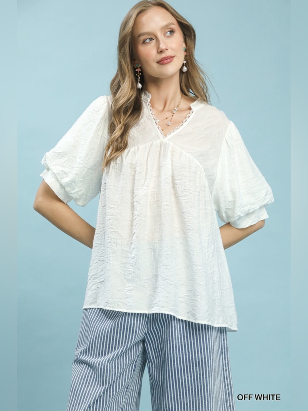 Umgee Textured Lace Trim V-Neck Boho Blouse